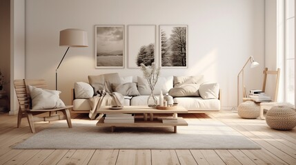 A Scandinavian-inspired living space, with clean lines, neutral tones, and cozy textiles.