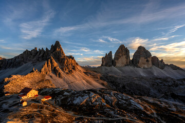 Tre Cime on top view. with a minimal sunrise. on Dlolomites ,Italy