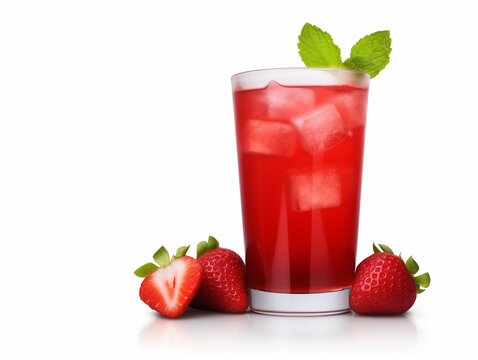 Red strawberries and cold strawberry juice on a white background. Refreshing red strawberry ade. Generative AI
