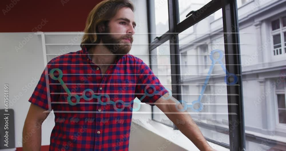 Poster animation of month names and graph over caucasian man looking through glass window