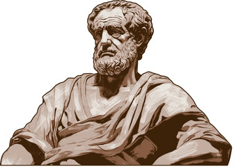 Great greek philosopher Aristotle. Vintage portrait in grunge style, vector monochrome sepia color drawing. Ancient scientist tutored Alexander the Great - obrazy, fototapety, plakaty