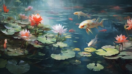 Fototapeta na wymiar A serene pond, with lotus blossoms floating gracefully, koi fish swimming beneath.
