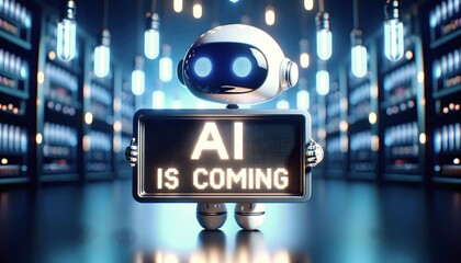 Cute little robot holding digital sign Ai is coming, artificial intelligence concept, ai background, futuristic banner 