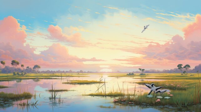 A serene marshland, home to diverse flora and fauna, under a pastel-colored sky. © baloch