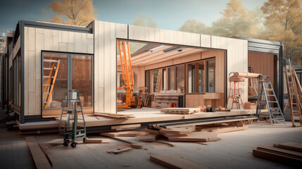 Construction of new and modern prefabricated modular house from wood panels - obrazy, fototapety, plakaty