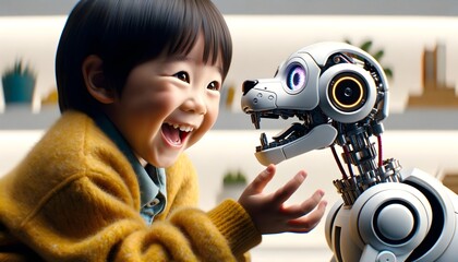 Little kid interacting wit Artificial intelligence robot pet dog