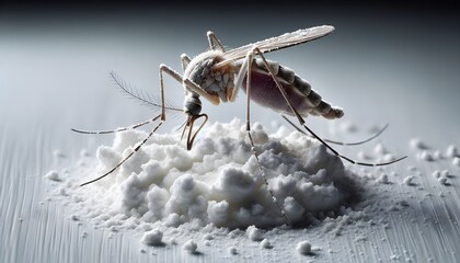 Macro shot of mosquito putting his head into white powder on the table