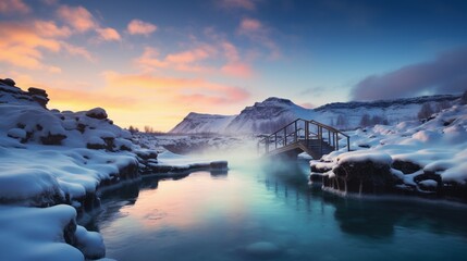 A steaming geothermal pool, nestled amidst snowy landscapes, inviting in its warmth.
