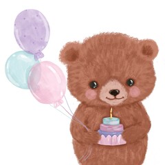 Teddy bear with balloons and cake. Isolated on white background. Cute baby teddy bear with gift. Greeting card, birthday, party, print.