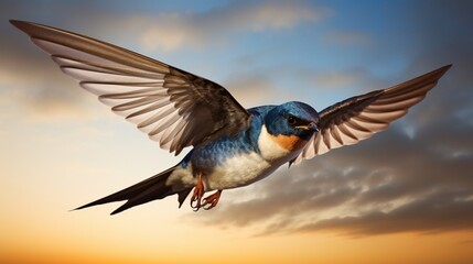 A swallow, in mid-flight, darting nimbly to catch insects in the warm evening air.