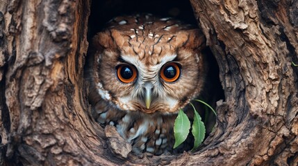 A tawny owl, camouflaged within the bark of a tree, its piercing eyes the only giveaway.