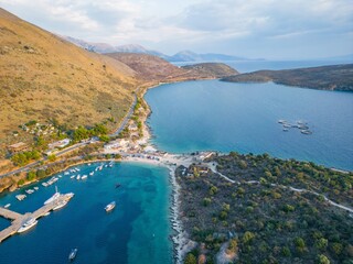 Obraz premium Aerial View of Porto Palermo Bay and Castle in Himarë, Albania