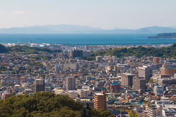 Obraz premium Landscape of Matsuyama city from Matsuyama castle, Ehime, Japan