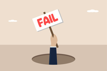 Business failure, work mistake, bankruptcy or failed businessman concept, businessman carrying a board saying failure. Vector business illustration.