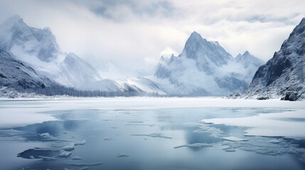 winter landscape frozen lake in the mountains, reflection  - obrazy, fototapety, plakaty