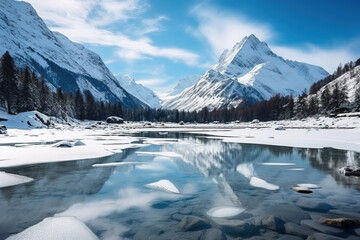Fototapeta premium winter landscape frozen lake in the mountains, reflection 