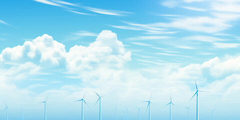 Speed wind turbines, harnessing nature's power on background of serene landscape unfolds with fluffy clouds floating across blue sky. Harmonious blend of technology and environment. Environment banner