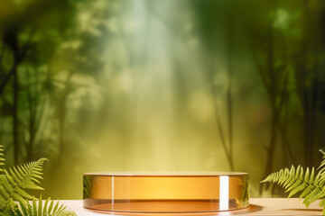 Empty round podium on forest background of calm green trees, fog and sunny rays light. Showcase for natural cosmetic products. Concept scene stage for new product, promotion sale and presentation