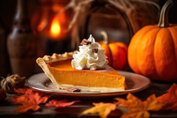 Thanksgiving background delicious pie with pumpkins and autumn leaves  on wooden table 