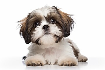 Photo of an inquisitive Shih Tzu with a cute, button nose on a spotless white background. Generative AI