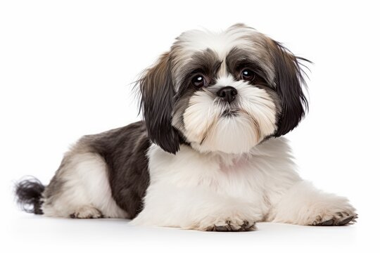 Photo of an inquisitive Shih Tzu with a cute, button nose on a spotless white background. Generative AI
