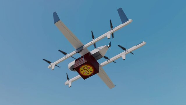 Delivery of pizza boxes using a drone. Example of delivery of goods by air. The drone accelerates after vertical takeoff and goes into horizontal flight. 3d rendering.