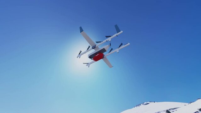 Delivery of medical care by drone to hard-to-reach places. Example of air delivery. 3d rendering.