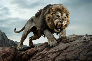 The lion ran to pounce on its prey on a rocky hill - obrazy, fototapety, plakaty