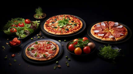 Fototapeta na wymiar Pizza with vegetables and herbs on dark background, Generative AI