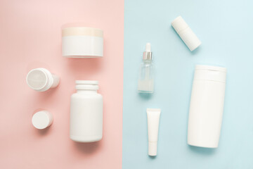 A lot of bottle and jar for cosmetic on two colored background