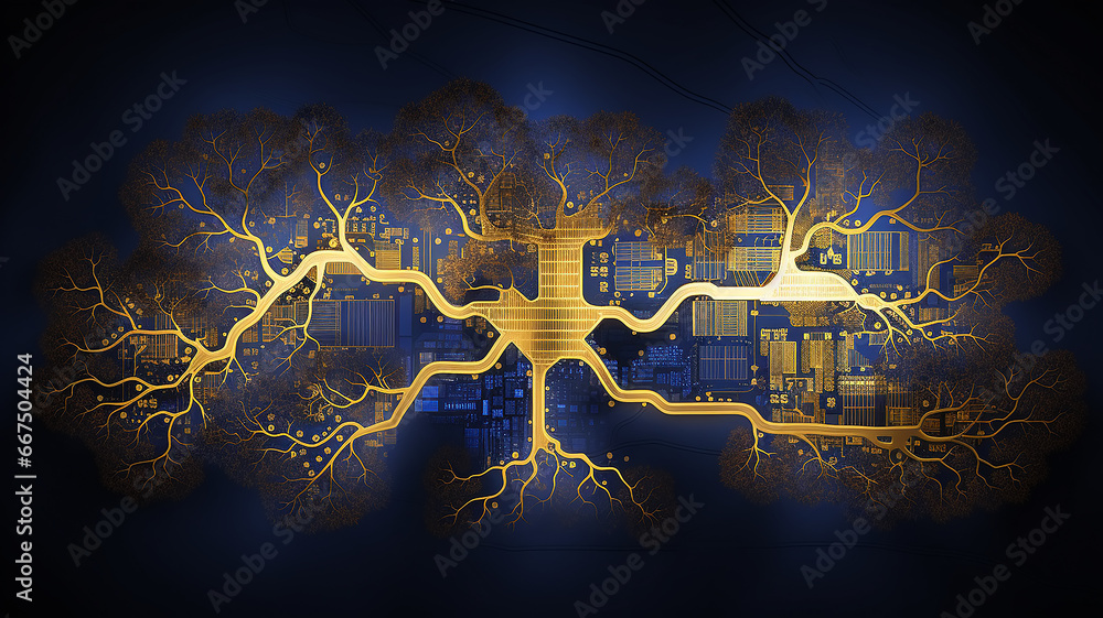 Poster background concept is artificial intelligence, a symbol of nature and growth, a tree of life and a b