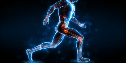 A fast running soccer player with blue light coming from his body Cardiovascular Heart Health and Exercise Banner Human Body Fitness with light black background Ai Generative
 - obrazy, fototapety, plakaty