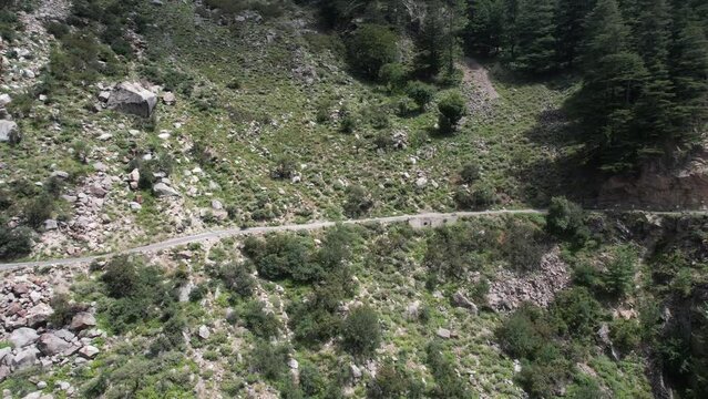 Scenic Aerial View of Manali, Chitkul Village, Hills and Snow-Capped Himalayas, India 