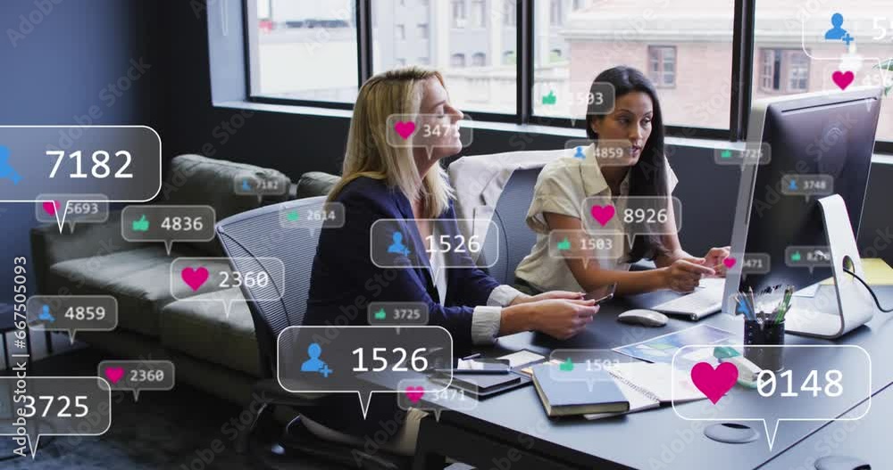 Poster animation of notification bars over diverse female coworkers discussing reports on computer