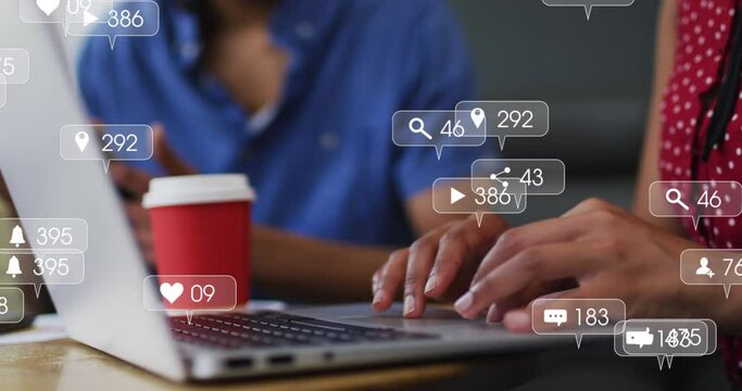 Animation of notification bars over coffee cup, diverse coworkers discussing while working in office
