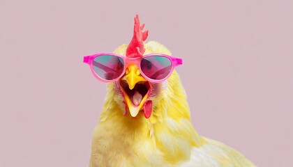 screaming yellow Chicken hen in sunglass transparent pink glasses isolated on solid pastel 