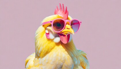smiling yellow Chicken hen in sunglass transparent pink glasses isolated on solid pastel background