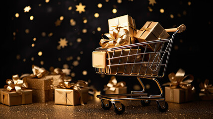 golden shopping cart with many gift boxes on dark background with glittered bokeh, Black Friday concept, discount and sale. - obrazy, fototapety, plakaty