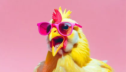 Poster screaming yellow Chicken hen in sunglass transparent pink glasses isolated on solid pastel © Martin