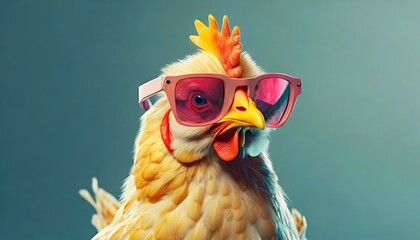 yellow Chicken hen in sunglass pink glasses isolated on solid pastel background, commercial