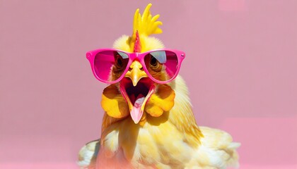 Fototapeta na wymiar screaming yellow Chicken hen in sunglass transparent pink glasses isolated on solid pastel