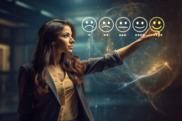 Blonde business woman gives five star client satisfaction rating, Happy face 5 star hand touch, Customer reviews smiling face rate, Girl touches smile face with 5 star icon,emotion satisfaction survey