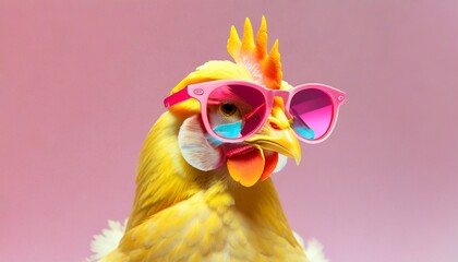 yellow Chicken hen in sunglass transparent pink glasses isolated on solid pastel background