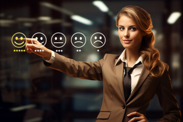 Blonde pleasant smiling business woman touches smiley face with five star rating, Happy face hand...