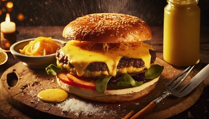 Fresh tasty burger, melting cheese, food photography, top view 