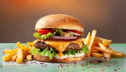 Fresh tasty burger, melting cheese, fries, food photography