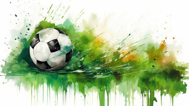 Soccer ball on the background of watercolor splashes.  AI Generative.