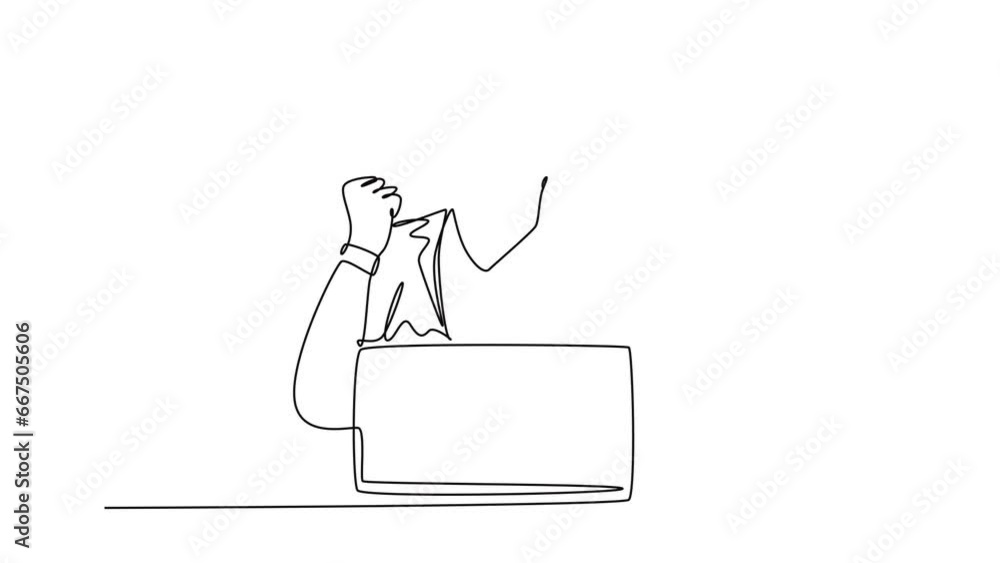 Poster animated self drawing of continuous line draw young happy business man sitting on chair and open lap