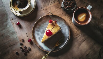 piece of torte, one cherry on top, cop of coffee, food photography, top view