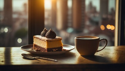 piece of torte, one cherry on top, cop of coffee, food photography, on blurred city background - obrazy, fototapety, plakaty